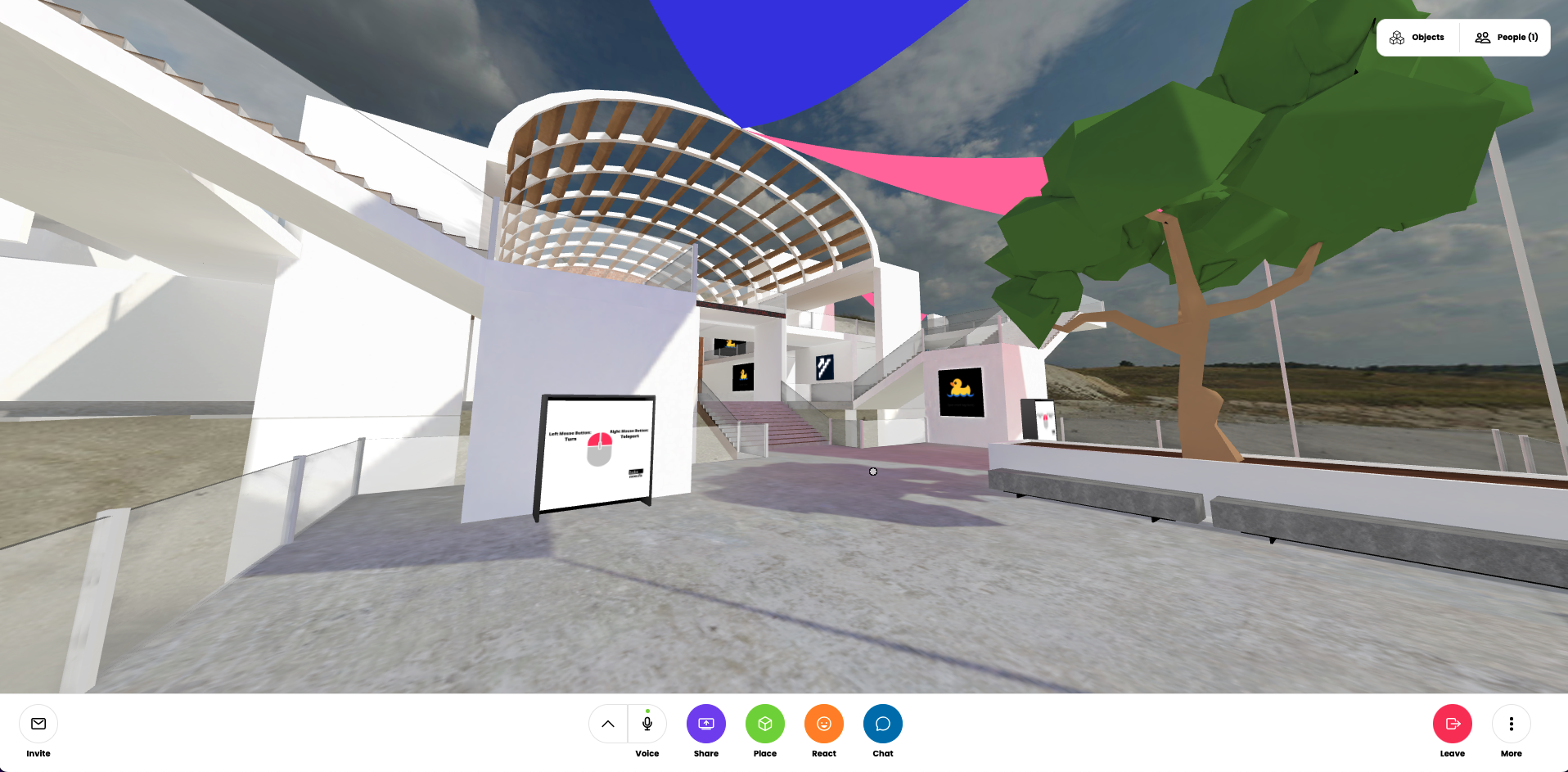 A 3D virtual reality environment of a gallery placed on a beach, viewed in Mozilla Hubs